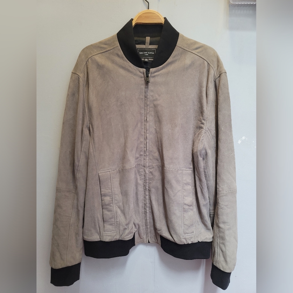 Saks Fifth Avenue Gray/Black Suede Leather Jacket USA Size XL